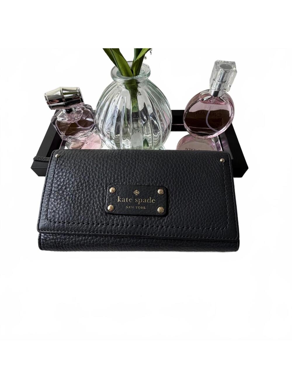 Kate Spade New York Black Pebbled Leather Trifold Wallet, Logo Plaque